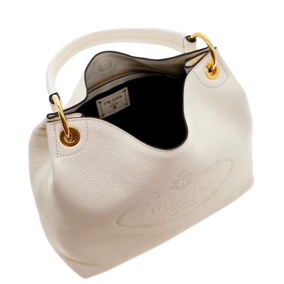 Prada Hobo Shoulder bag Embossed Logo Vitello Phenix White Leather New - Picture 5 of 6